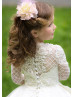 Beaded Ivory Lace Satin Floor Length Check Flower Girl Dress
